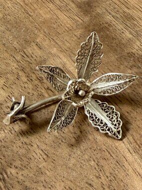 Vintage Silver Filigree Orchid Brooch - Fine Artisan Floral Pin